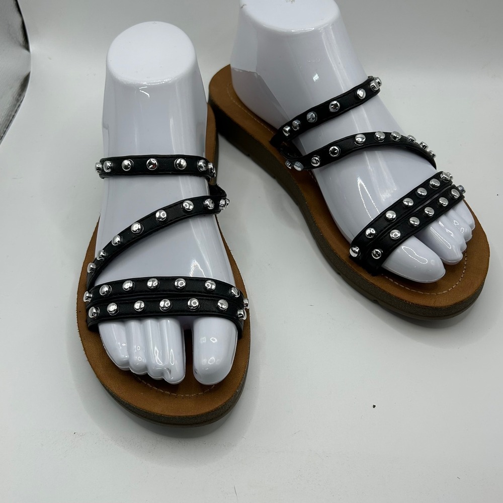 Dunes Womens Black Studded Strappy Flat Slide Sandals Size 7 Silver Studs Edgy